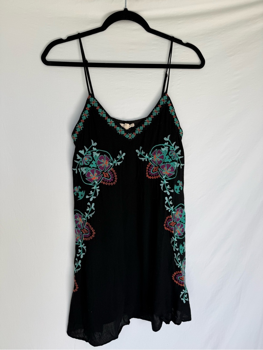 Black Embroidered Mini Slip Dress with Teal & Pink Floral Accents
